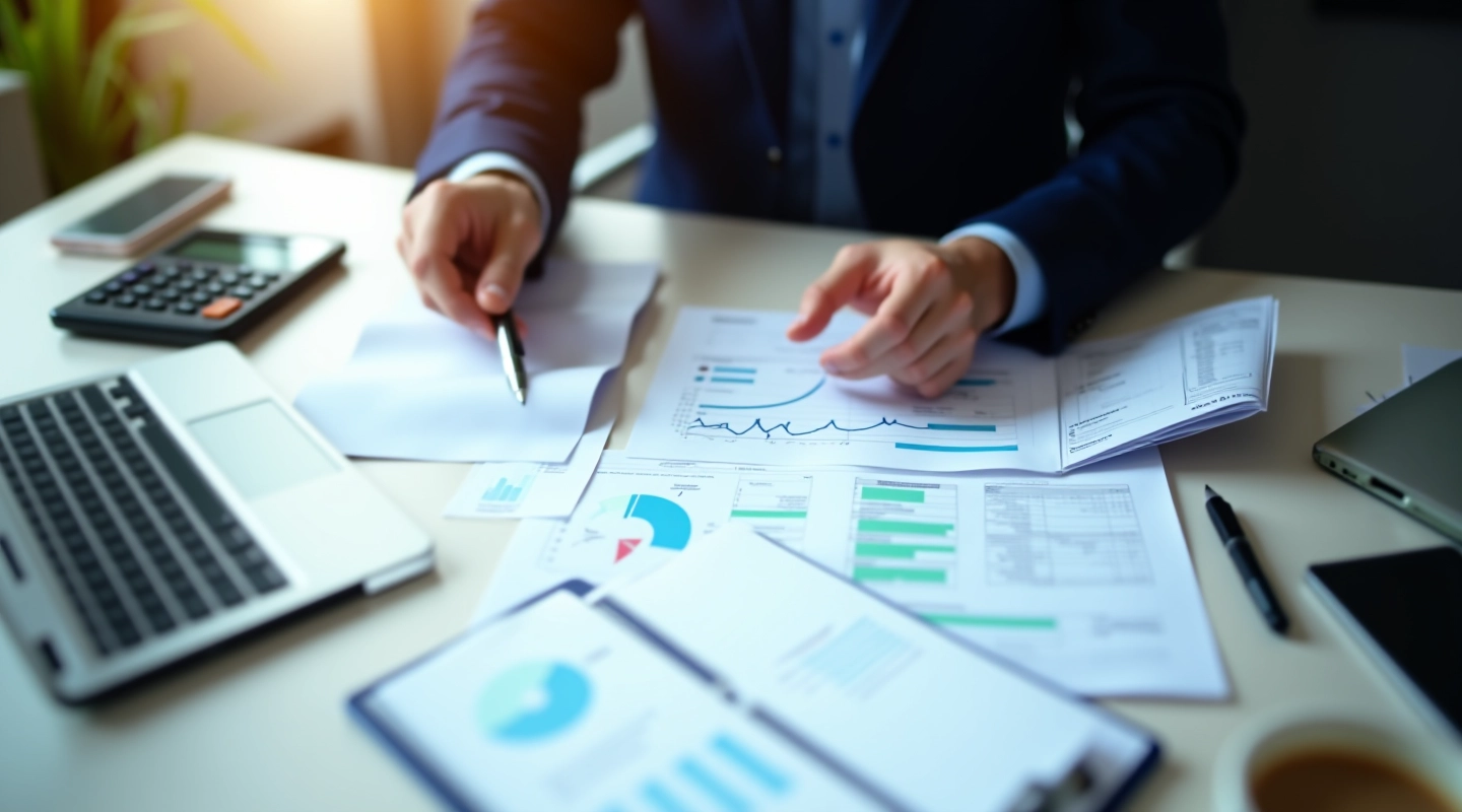 Verslo analitiko darbo vieta su finansiniais dokumentais ir skaičiuotuvais